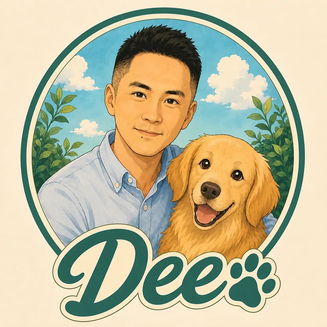 Illustration of Dee with a happy golden retriever in a sunny yard